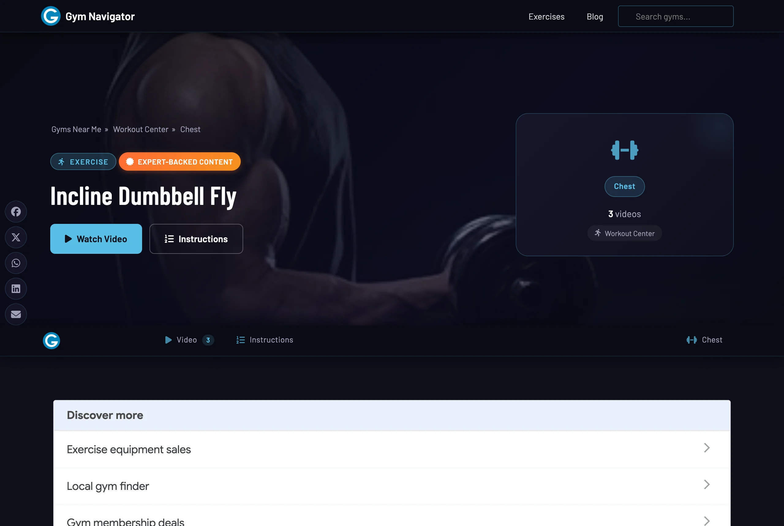 Incline Dumbbell Fly form guide on Gym Navigator with step-by-step instructions and a demo video