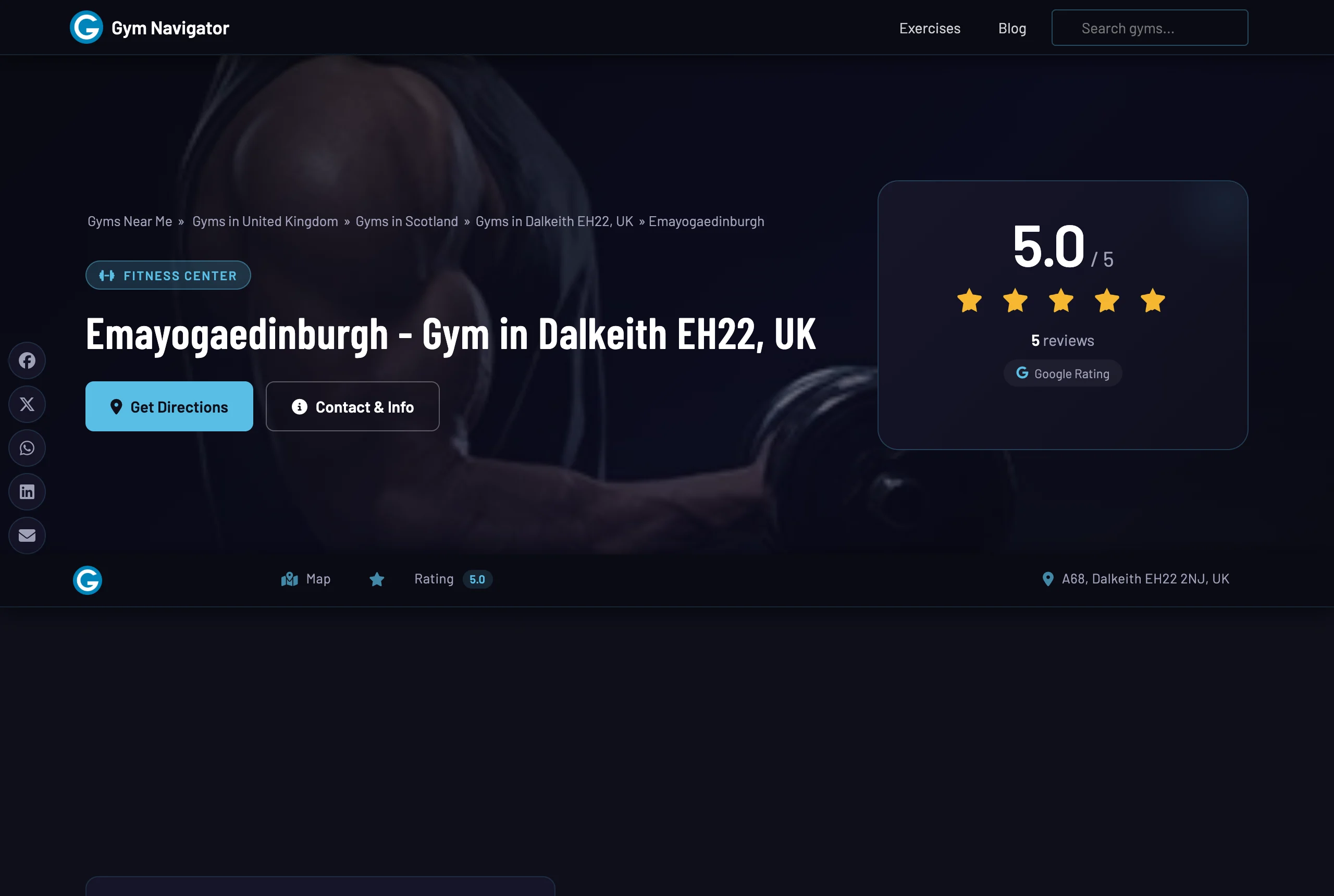 Gym detail page on Gym Navigator for a fitness center in Dalkeith with a 5.0 rating, directions and contact info