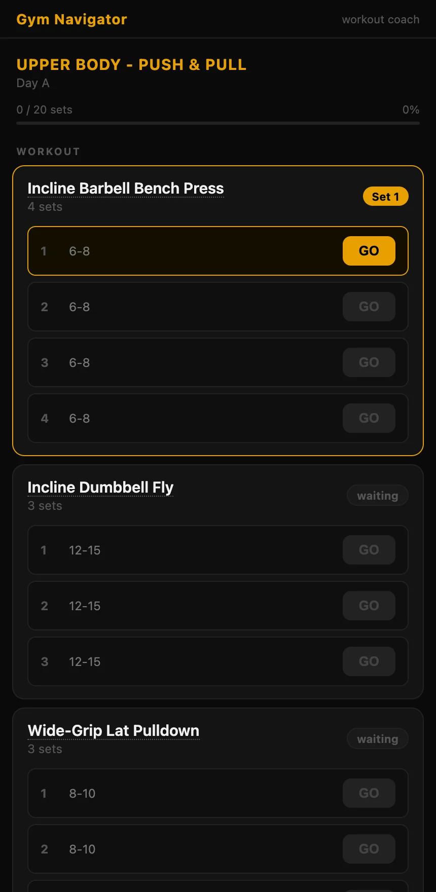 Gym Navigator interactive workout timer showing an Upper Body push and pull session with four sets of Incline Barbell Bench Press and GO buttons