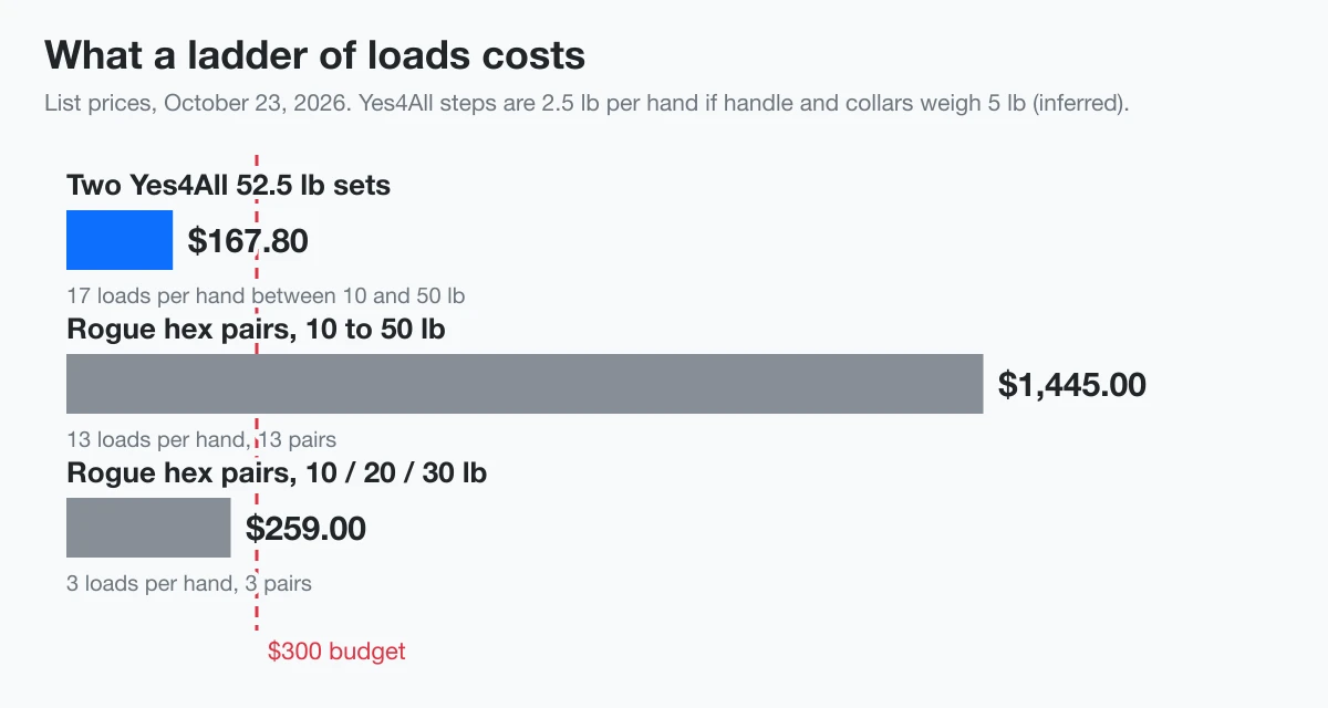 Bars of ladder cost: two Yes4All sets $167.80, Rogue hex pairs 10 to 50 lb $1,445, three Rogue pairs $259