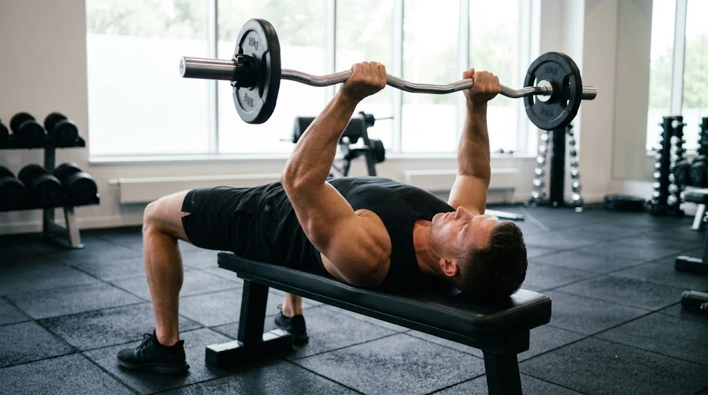 French press lying on bench with Z bar exercise
